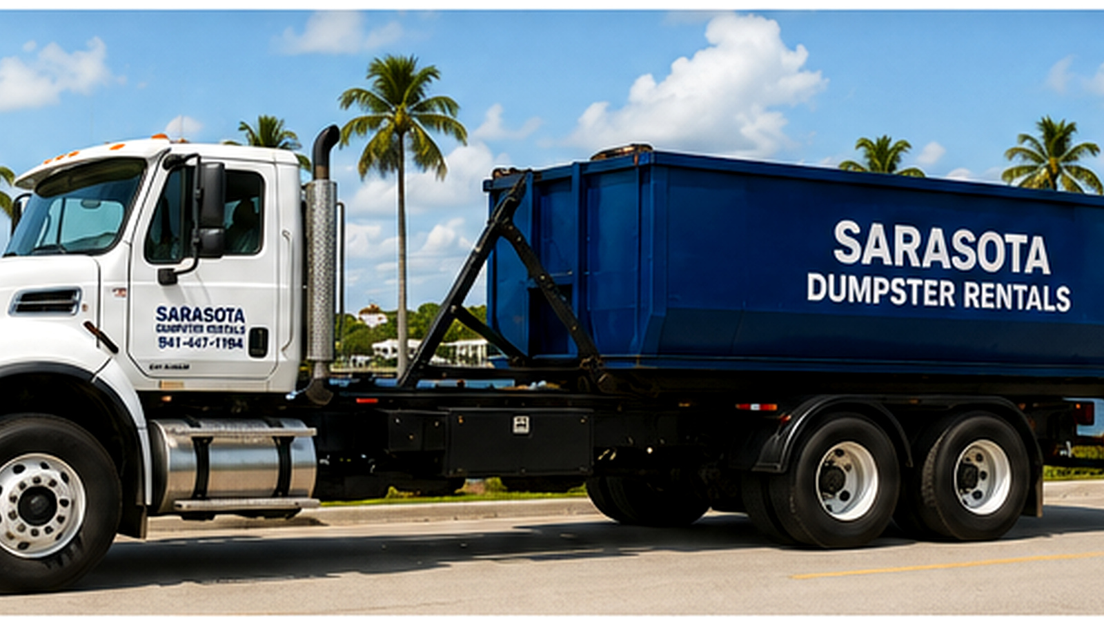 Roll-off dumpster delivery truck serving Bradenton Florida